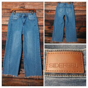 Sidefeel Capri Jeans 6 Wide Leg High Rise Raw Hem Paneled Blue Denim Stretch